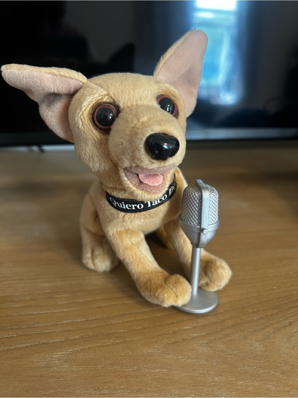 Vintage Tan Plush Chihuahua Dog Toy with Silver Microphone Taco Bell.